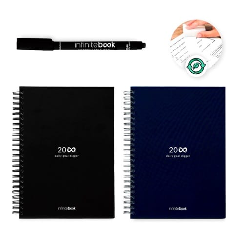 STARTER KIT INFINITE PLANNER A5. Le set comprend un « infinite Diary », un kit de nettoyage, un marqueur et un porte-marqueur