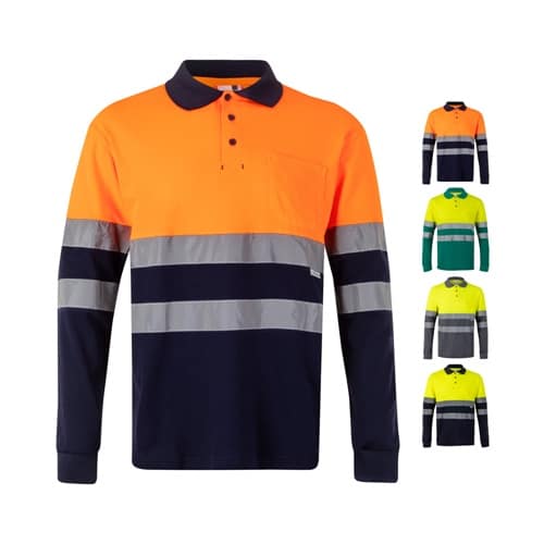VL PLUTO LARGE. Polo piqué bicolore (150g/m²) à manches longues, en coton (55%) et polyester (45%)