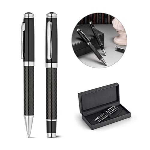 CHESS. Kit roller et stylo à bille en métal et fibre de carbone avec mécanisme twist