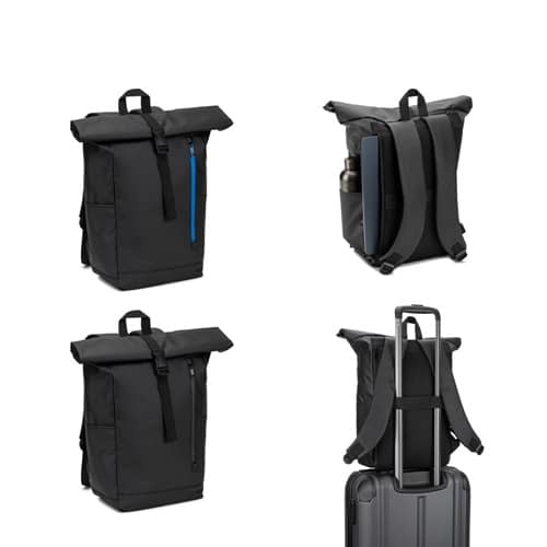 OSASCO BPACK. Sac à dos avec système de fermeture à glissière permettant de rouler la partie supérieure pour l&rsquo;adapter au volume du sac à dos, fabriqué en polyester recyclé 600D