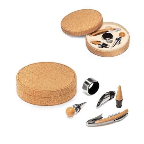 MORETO. Set à vin avec 4 pièces en bois et métal