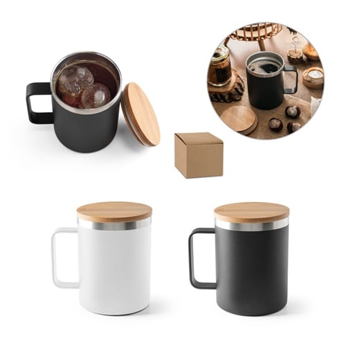 LAUDA. Mug en acier inoxydable recyclé à 90% avec couvercle en bambou 420 mL