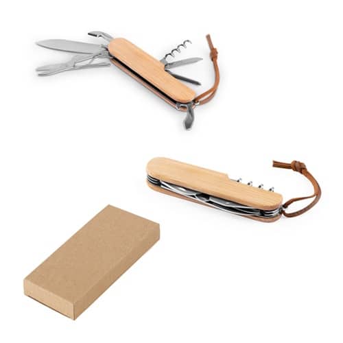 RYKER. Couteau de poche multifonctionnel en bambou et acier inoxydable avec manche en PU