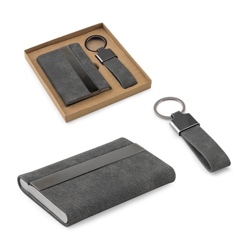 VAUGHN. Set composé d&rsquo;un porte-cartes et d&rsquo;un porte-clés, tous deux en métal et polyester recyclé (30% rPET)