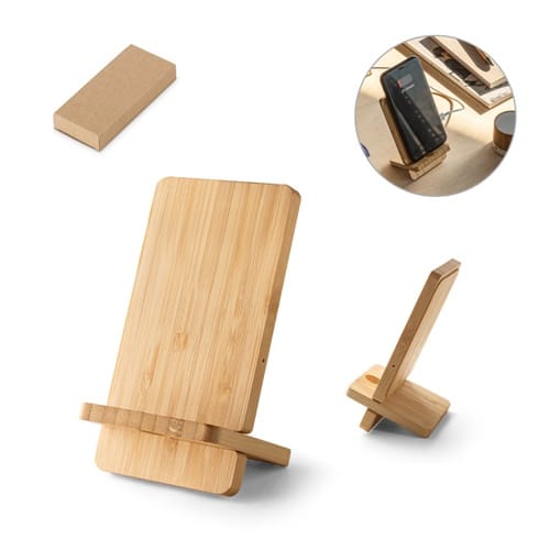 LANGE. Support pour smartphone avec chargeur sans fil rapide 15W en bambou