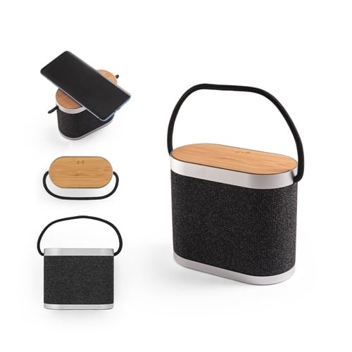GUETTA. Enceinte portable de 5 W avec chargeur sans fil ultra-rapide de 15 W et autonomie de 2 h en bambou et PET recyclé (100 % rPET)