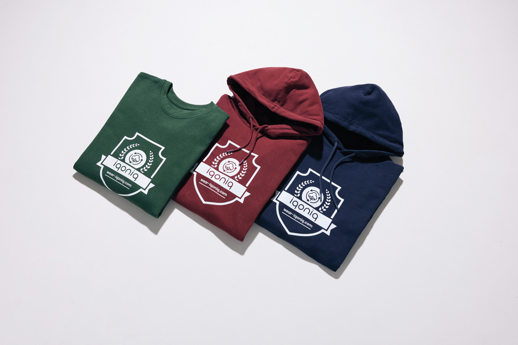 Sweats iqoniq verts, bordeaux et bleus alignés