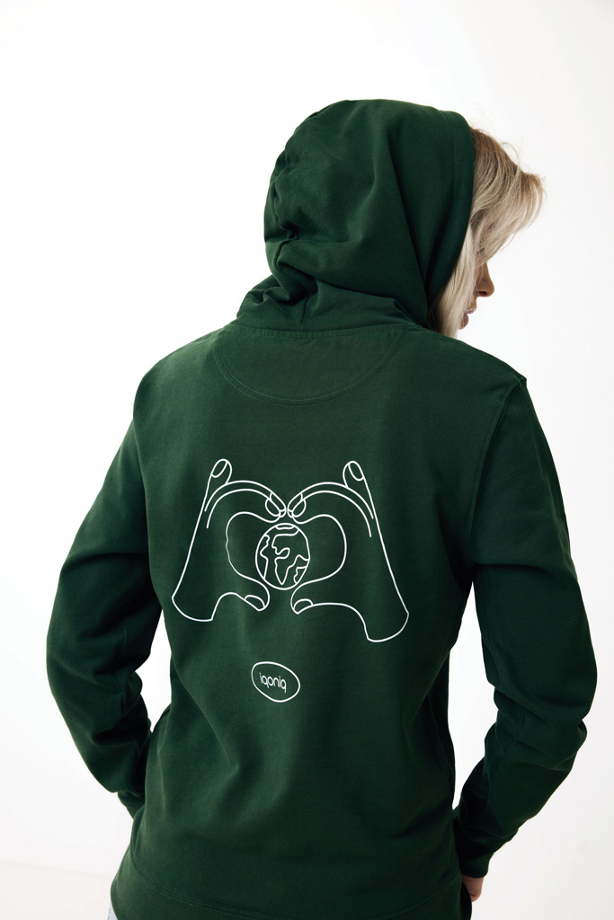 Sweat à capuche vert avec dessin de mains et Terre