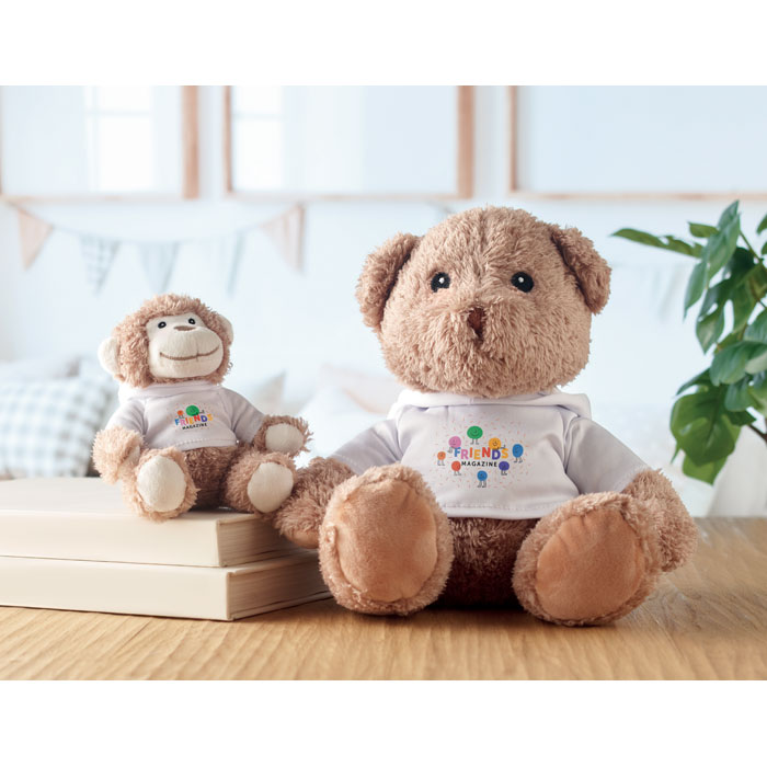 Peluche ours et singe avec t-shirts assortis.