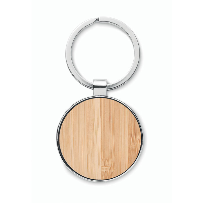 Porte-clés rond en bois et métal argenté
