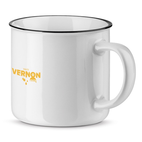 Tasse blanche en métal avec bord noir