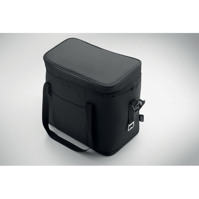 Sac isotherme noir rectangulaire avec poignée.