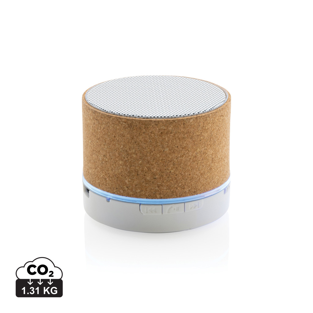 Enceinte Bluetooth cylindrique en liège avec base lumineuse