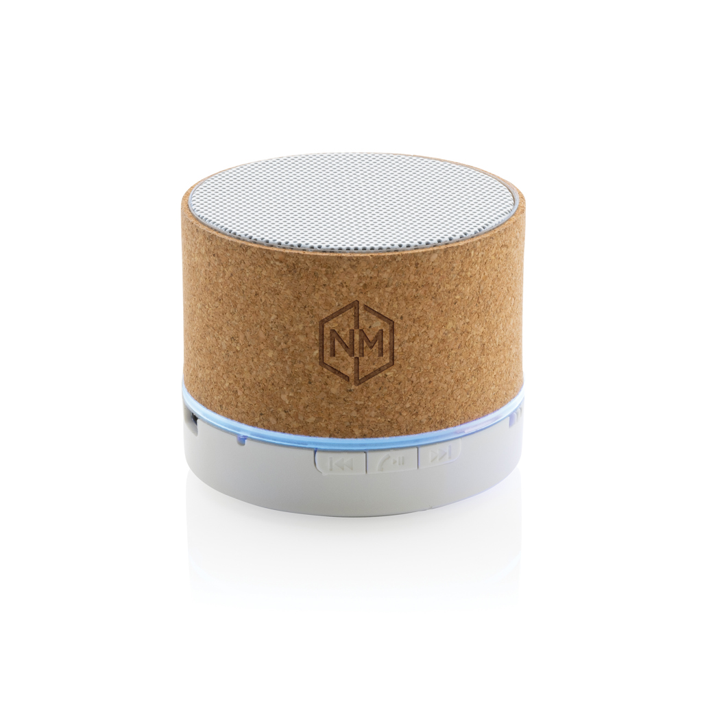 Enceinte Bluetooth cylindrique en liège avec LED bleue