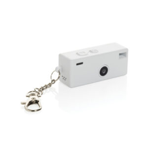 Mini caméra blanche porte-clés avec clip métallique
