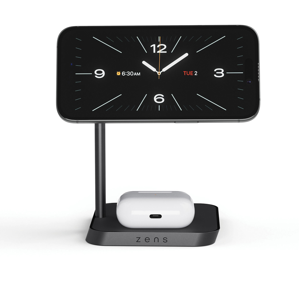 Smartphone sur support affichant horloge numérique